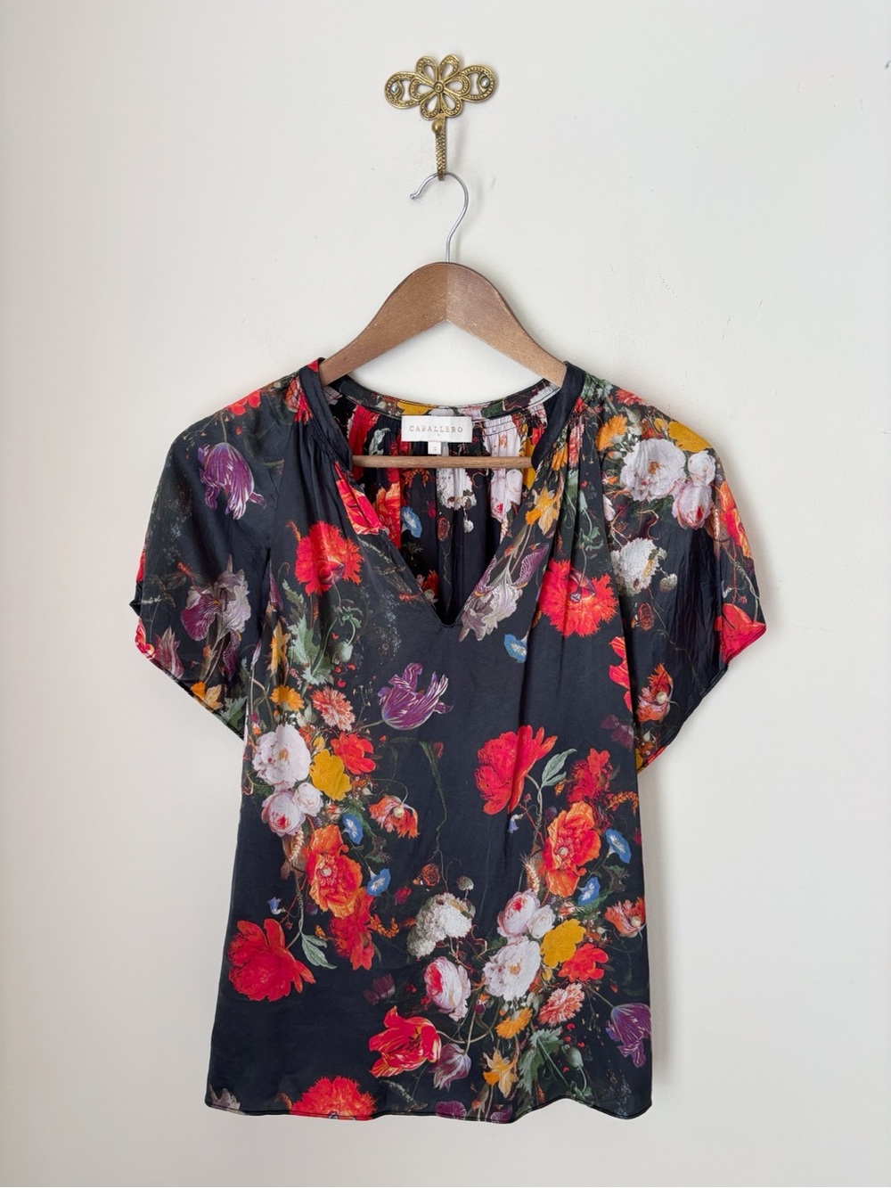 Caballero Black Painterly Floral V Neck Blouse Small